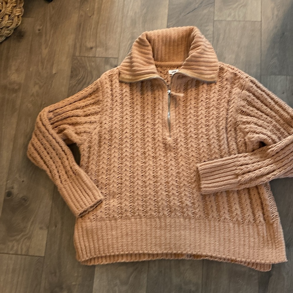 Aerie Oversized Cable Car Quarter Zip Sweater Medium Camel Brown - Picture 7 of 11